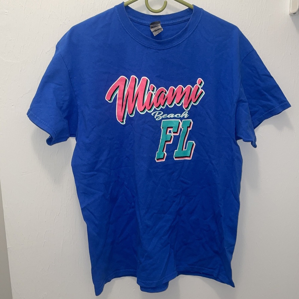 Miami Beach Florida Blue, Pink, Cyan Large T-Shirt
